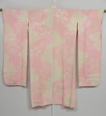 1028i03z760 Japanese Kimono Silk FURISODE JUBAN Off-white Flowers