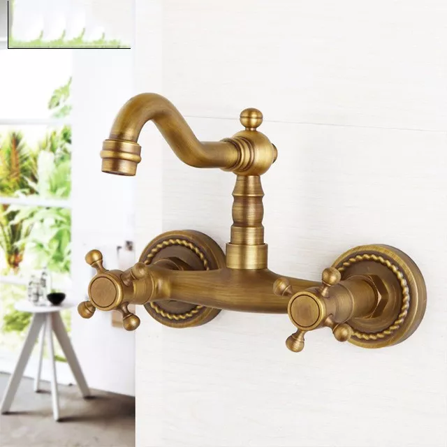 Bathroom Basin Sink Faucet Wall Mount Dual Cross Knobs Mixer Tap,Antique Brass