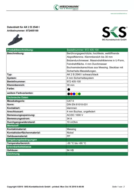 Hirschmann AK2 B 2540 schwarz Abgreifklemme Krokoklemme Krokodilklemme 047323 2