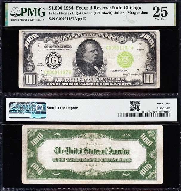 VERY NICE Bold VF 1934 "LIME GREEN SEAL" 4 digit $1000 Chicago FRN bill! PMG 25!