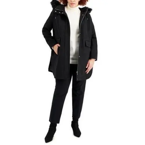 Calvin Klein Women's Plus Size Hooded Faux-Fur-Trim Coat 1X Black Wool Zip