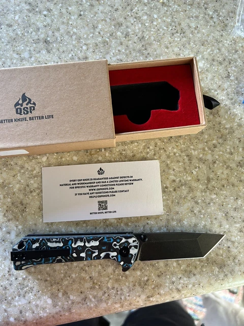 QSP Grebe T Button Lock Folding Knife Black/Blue CF Handle S35VN Tanto QS148-H2