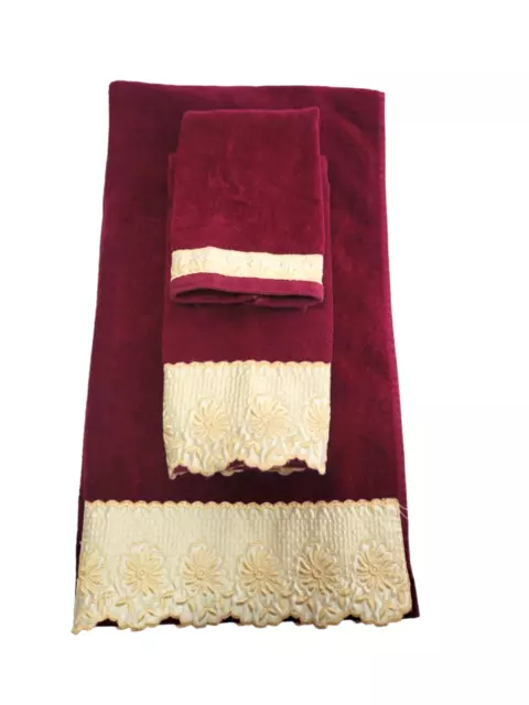 3 Pc Bath Towel Set Burgundy Red Cream Gold Embroidered Satin Lace Trim