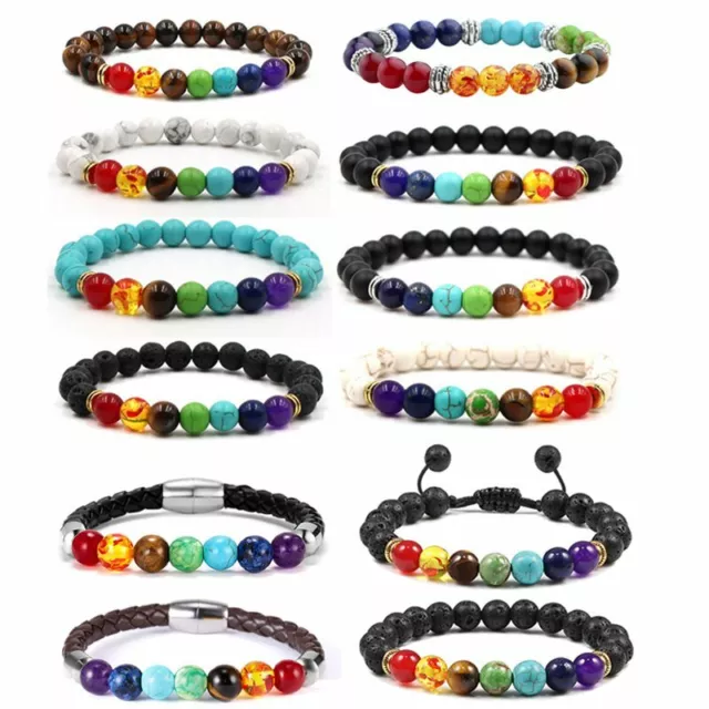 7 Chakra Healing Balance Beaded Bracelet Lava Yoga Reiki Prayer Stones Braided