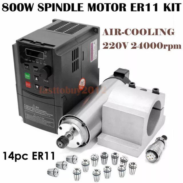 800W Air-cooled CNC Spindle Motor ER11 4Bearing 24000RPM + 1.5KW VFD Inverter