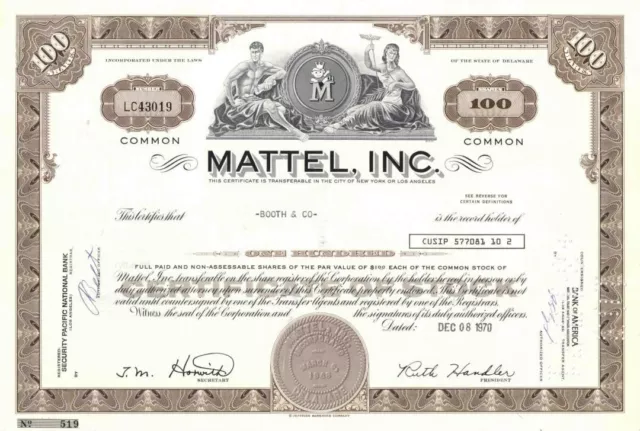 Mattel, Inc - Famous Toy Company - Brown Color Stock Certificate - Very Rare - G