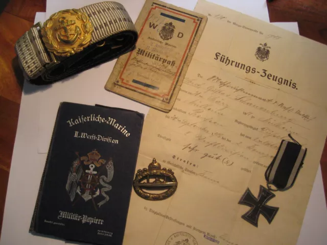 Original German WWI group medals paper work submarine soldier iron cross 2class