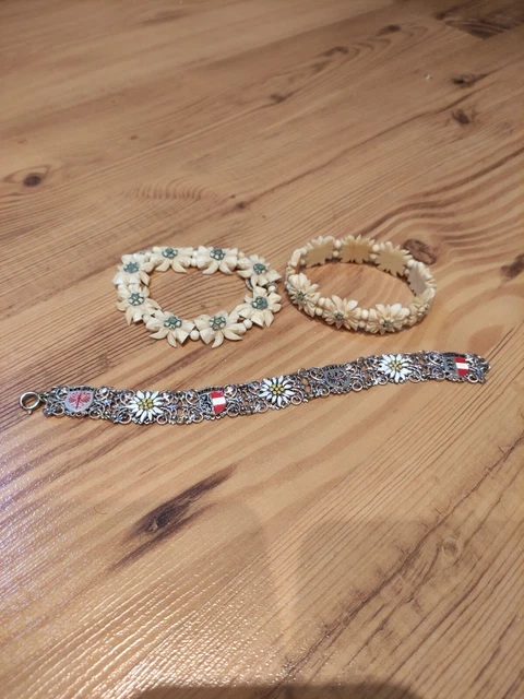 Vintage antique edelweiss bracelets carved joblot bundle. Metal Switzerland