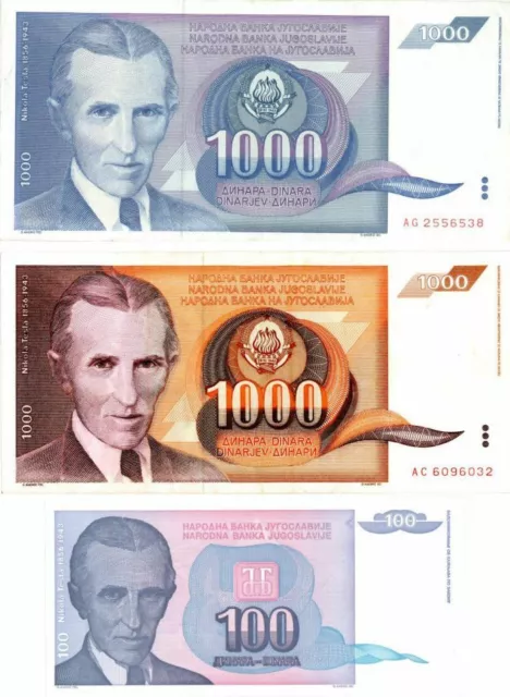 Set of 3 Yugoslavia notes with portrait of Nicola Tesla - Foreign Paper Money -