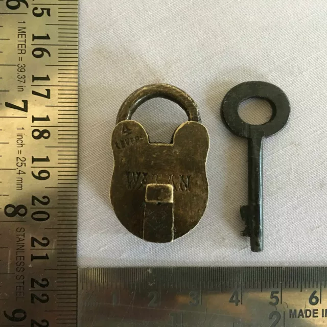 008 Old antique solid brass padlock or lock with key small miniature RARE SHAPE 2