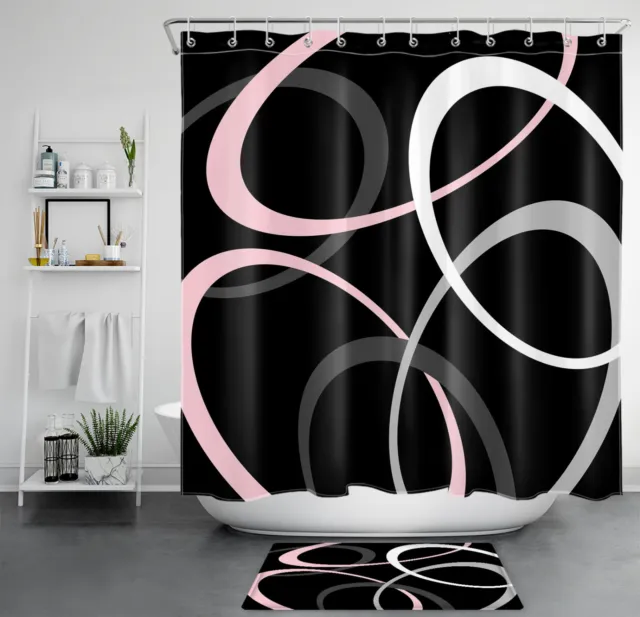 Creativo conjunto de cortinas de ducha rosa a rayas en blanco y negro para decoración de baño