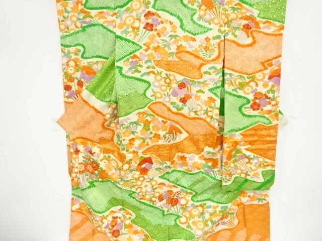 98354# Japanese Kimono / Antique Furisode / Shibori / Embroidery / Haze With Fan