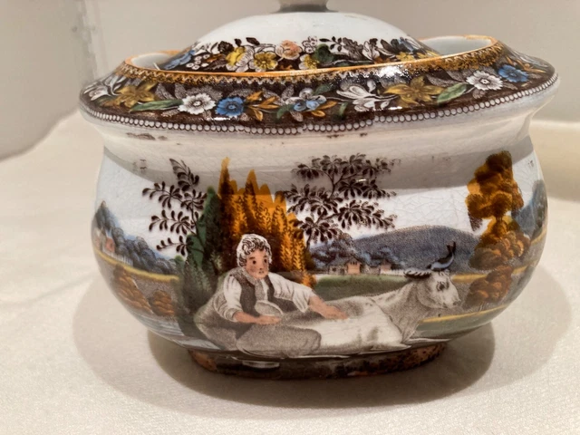 Beautifully colored Salopian Pearlware sugar bowl w/lid, Ca 1815