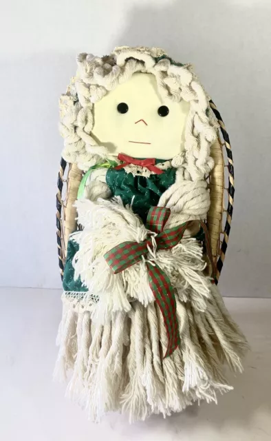 Vtg Handmade Mop Rag Doll Green Hat and Dress  w Wicker Chair Cottage 80s 2