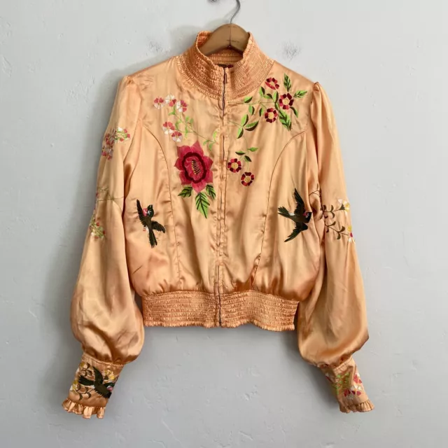 Free People Satin Bomber Jacket Women Size Medium Peach Embroidered Flaw