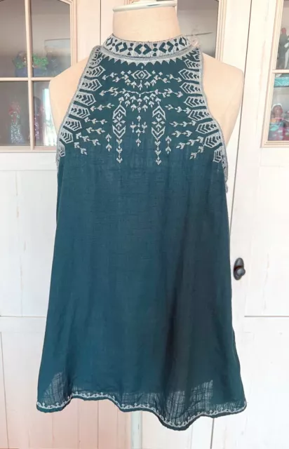 Ecote Anthropologie Embroidered Teal Top Large