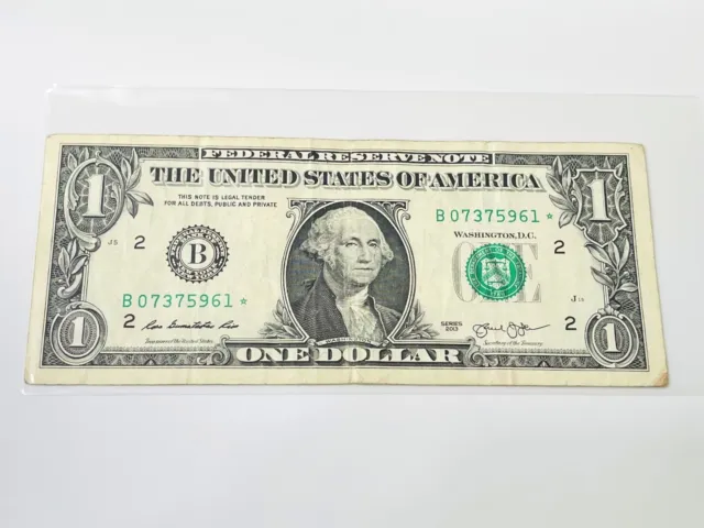 2013 B Series One Dollar Duplicate Serial Print Star Note NY $1 Washington Print