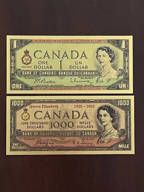 Gold Foil/Souvenir Canada Queen Elizabeth Combo - $1 Platinum Jubilee + $1000