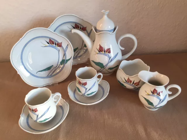 Meissen,Service,Strelitzie,Kanne,Tasse,Teller,Moccaservice,Gießer,Dose,Set•