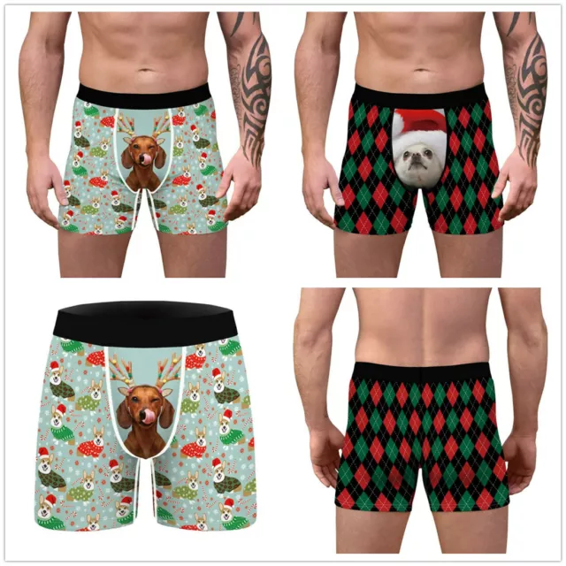 Mens Christmas Underwear Boxer 3D Dog/Plaid Print Funny Boxer Shorts Underpants