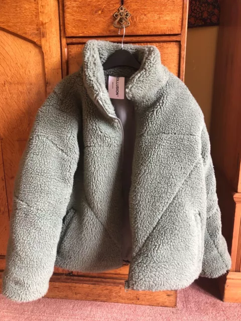 ASOS COLLUSION TEDDY bear fluffy Borg green coat L XL unisex 7.00 PicClick UK