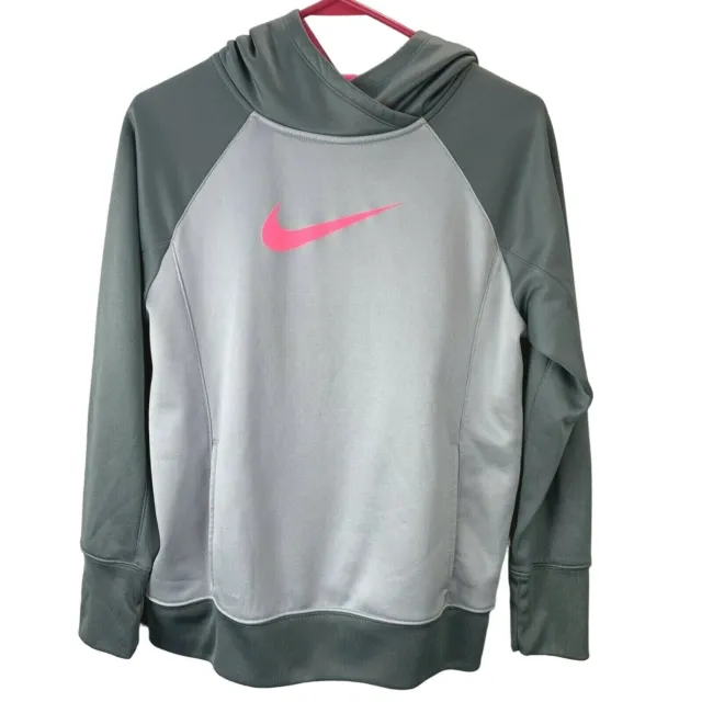Nike KO Hoodie Therma Fit Pullover size XL Girl Gray Pink Swoosh Pockets Top