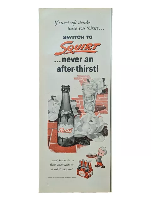 1955 Vintage Squirt soda print ad Squirt Cartoon Character Soda Glass With Ice