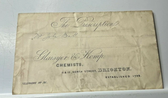 Antique Pharmacy Prescription Envelope Glaisyer & Kemp North Street Brighton