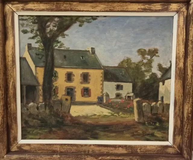 Tableau Peinture Huile sur bois Maison Bretonne signée Botrel