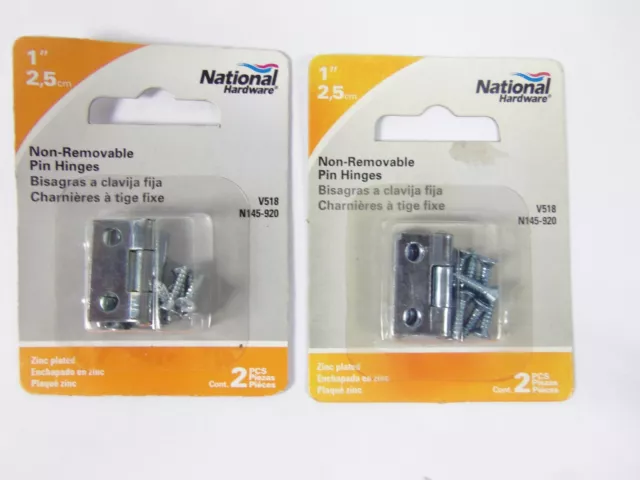 National Hardware N145-920 Non-Removable Pin Hinge, 1"x1", Zinc 2-Pack Lot of 2
