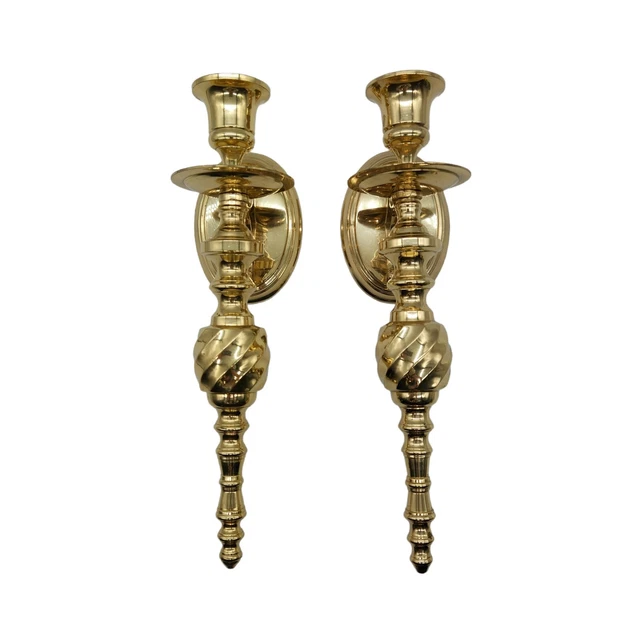 Vintage 2 Pair of Solid Lacquered Brass Wall Candle Holders Sconces 10” MCM