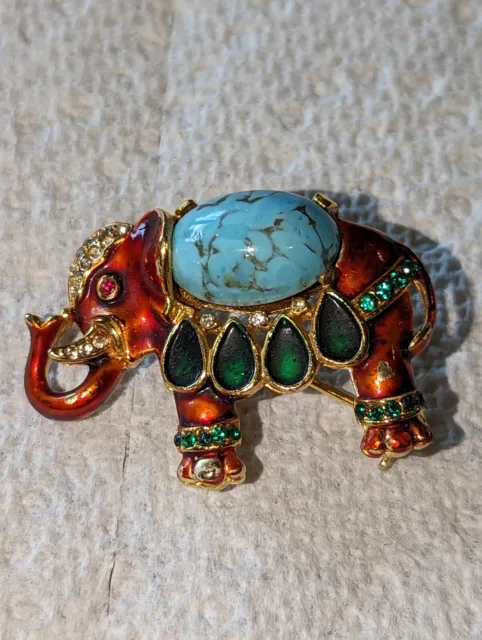 Vintage Elephant Pin, Orange,Green & Black Enamel, Excellent Detail