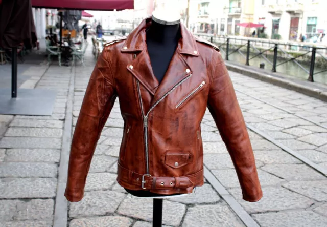 Herren braun Lederjacke Motorrad Marlon Brando Guendj original biker perfecto