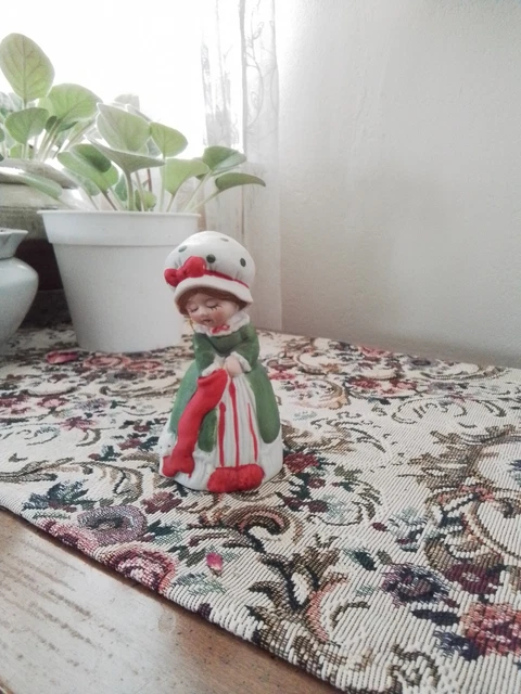 Vtg 4 1/4" Jasco-Sugar Plum Bisque Porcelain Green Dress Girl-Stocking Cat Bell