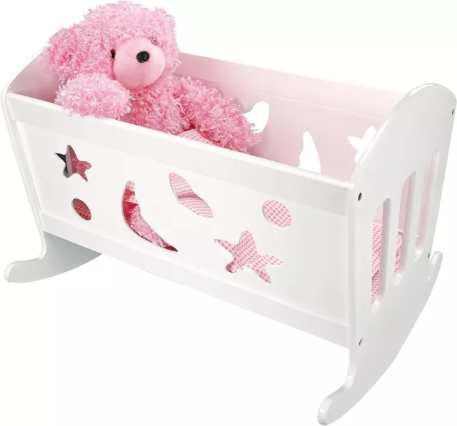 Bino 83699 White Dolls Cot. Wooden Crib with Mattress, Pink Linens