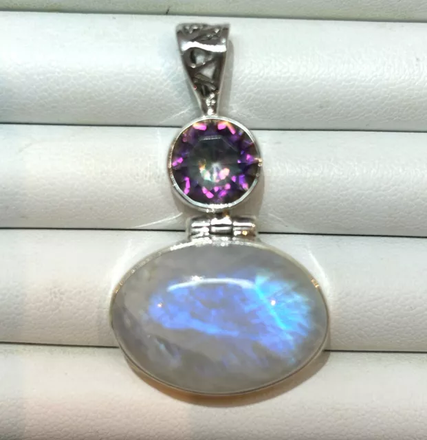 Big 925 Stamped Sterling Silver Moonstone and Mystic Fire Topaz Pendant 9g