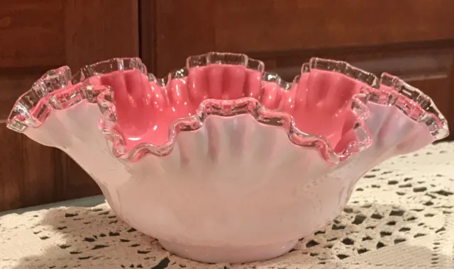 Beautiful 10 3/4"x 5"  Fenton Glass Bowl Fluted Silver Crest Cased Pink & White