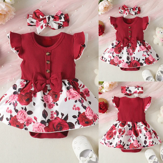 2PCS Newborn Baby Girls Floral Bodysuit Romper Dress Headband Outfit Clothes Set