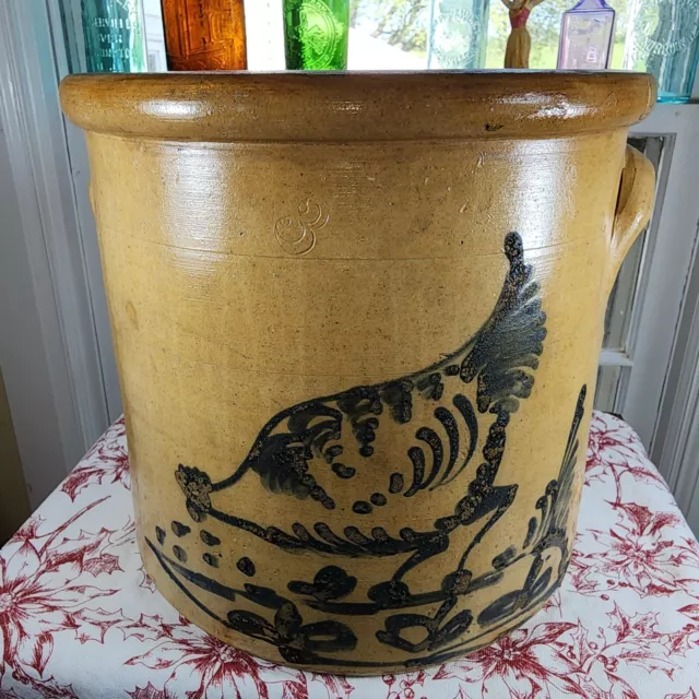 Antique Primitive Salt Glazed Stoneware "ELABORATE CHICKEN" Crock