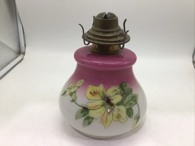 Vintage Milk Glass Hand Painted Kerosene Oil Lamp Base Pink Yellow Flower 8”