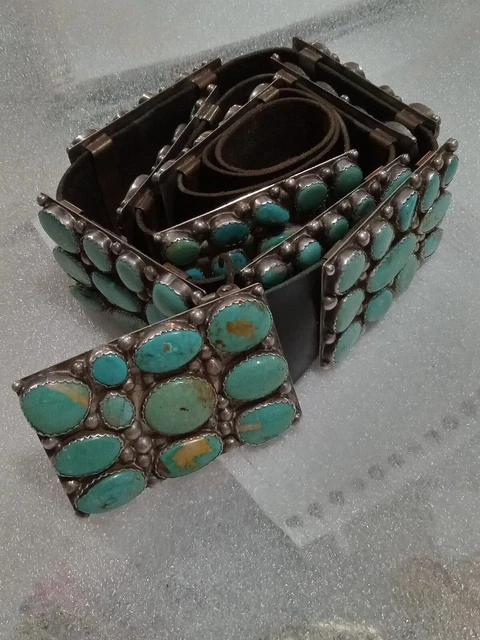 Navajo Artist Dave Pino Turquoise Cluster Belt Sterling on Leather Signed 