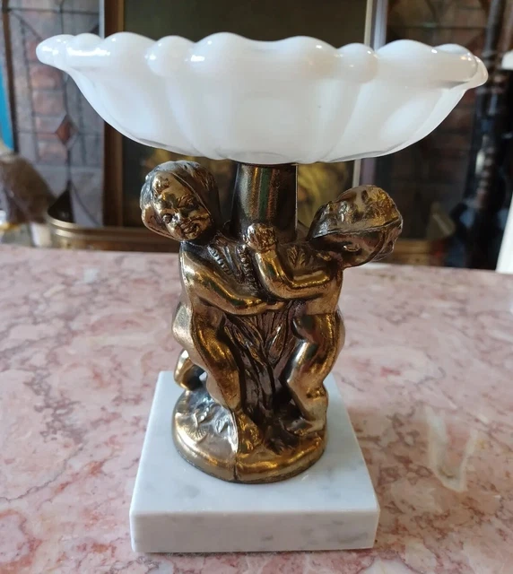 Vintage Cherub Marble  Brass Metal Milkglass Pedestal Soap Dish Victorian Mcm