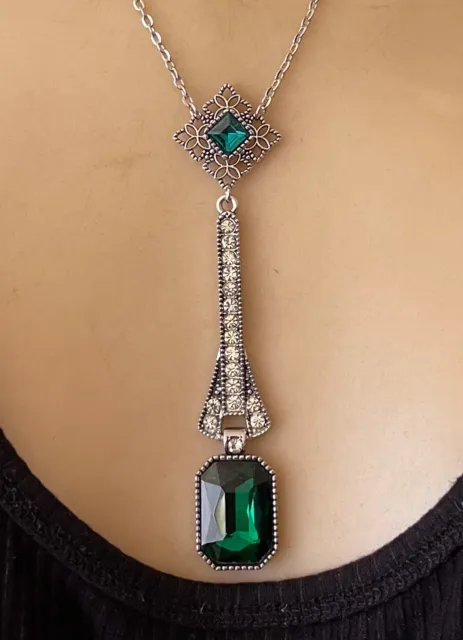 Art Deco Necklace Green Rhinestone Flapper Long Pendant Art Deco Jewelry