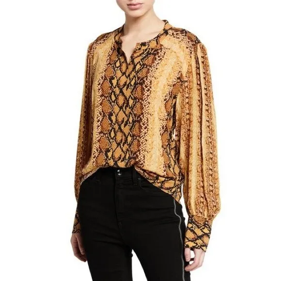 Joie Top Womens Large Talin Snake Print Yellow Brown Button Down Long Sleeve