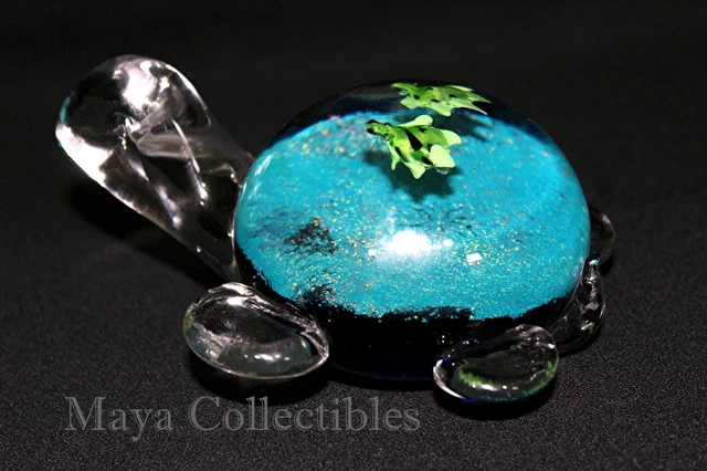 Hand Blown Art Glass Paperweight Blue Turquoise Sea Turtle with babies on back