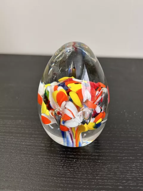 Vintage Murano Style Glass Art Egg Shape Paperweight Bright Vibrant Floral 8cm