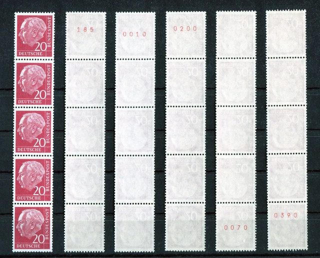 1 x Bund Nr. 185 y R postfrisch 5er Streifen Heuss Lumogen rote Zählnummer MNH