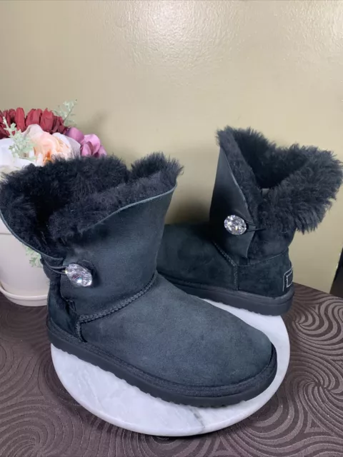 Ugg Bailey Button Bling Black Sheepskin Swarovski Crystal Boot Women’s 38 Us 7 M