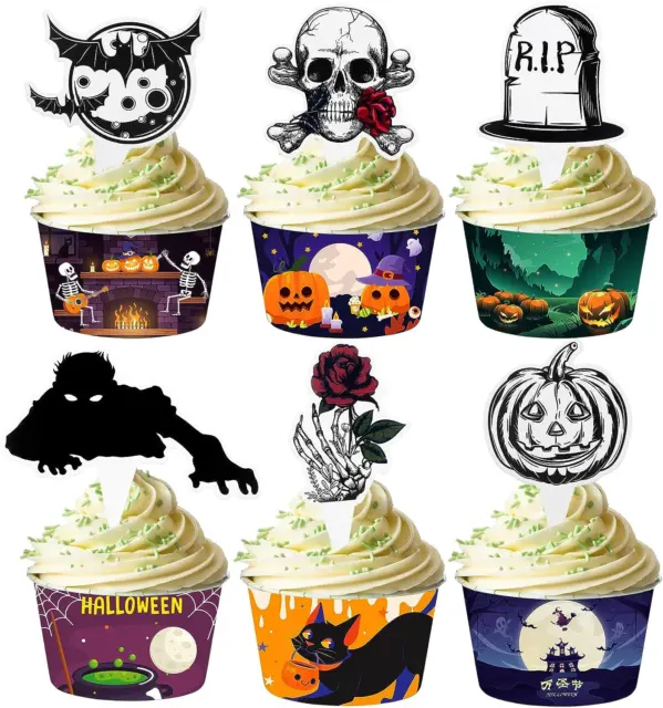 24Pcs Halloween Cupcake Toppers Skull Cupcake Decorations Tombstones Pumpkin Bat