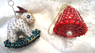 Beaded Ornament - 2 VINTAGE HANDMADE w/PUSH-PIN BEADS & TRIM- BELL & HORSE
